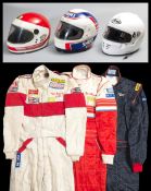 Three Val Musetti 1980s-91 race worn helmets, four racesuits and other race used equipment,
a red