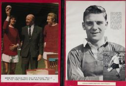A colour magazine page signed by Sir Matt Busby, George Best and Denis Law,
the image being George