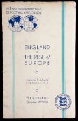 A signed England v Rest of the Europe programme played at Highbury 26th October 1938,
signed in