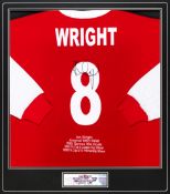 A signed Ian Wright Arsenal tribute shirt, reverse mounted, signed in black marker pen on the No.