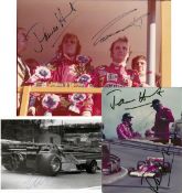 Two James Hunt & Niki Lauda double-signed F1 colour photographs,
one a large print of a GP podium,