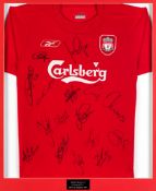 A Liverpool replica jersey signed by the 2005 UEFA Cup winning team, signatures in black marker pen,