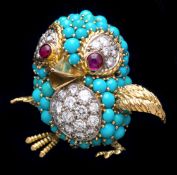 A marked Asprey London bejewelled bluebird chick, the gold body encrusted with turquoise