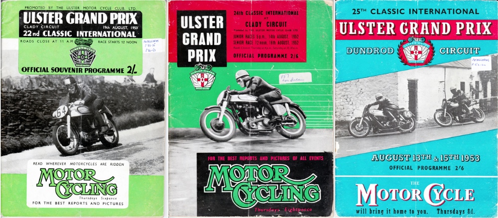 Early 1950s Ulster GP programmes signed by Stanley Woods and ten world champions,
including Geoff