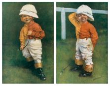 A pair of E.P. Kinsella prints of a young jockey, titled “Hope of his Stable” and “Left at the