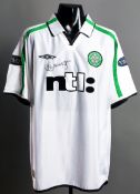 Alan Thompson: a signed white Celtic No.8 Scottish SPL away jersey season 2001-02,
short-sleeved,