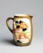 A French pottery jug depicting a boxing match,
decorated in colour on both sides, cracked, marked