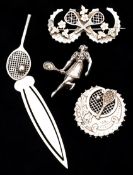 Three hallmarked silver tennis design brooches,
one with gold-mounting; sold together with a