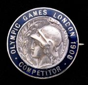 A London 1908 Olympic Games competitor's badge,
silvered metal & blue enamel, inscribed COMPETITOR