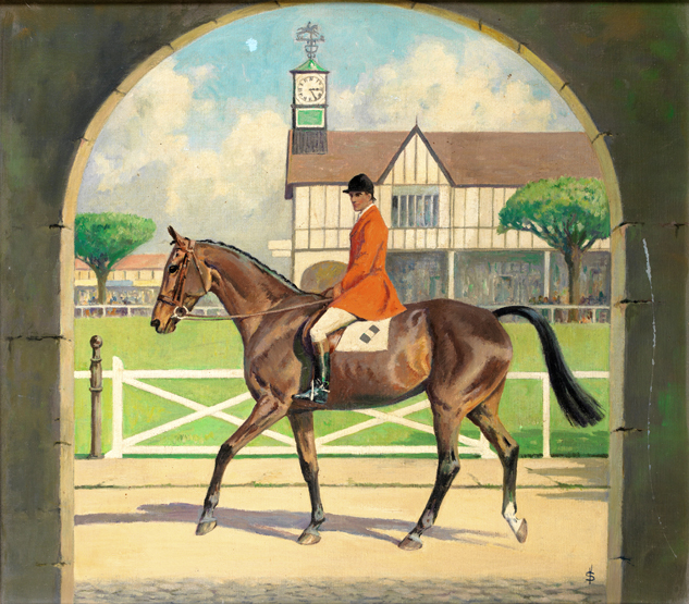 Violet Skinner (Irish, 20th century)
COMPETITOR AT THE DUBLIN HORSE SHOW
signed with monogram, oil