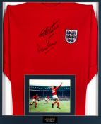 A red England 1966 World Cup Final replica jersey signed by the goal scorers Geoff Hurst and