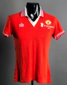 A red Manchester United No.14 1977 F.A. Cup Final jersey,
short-sleeved, with embroidered F.A. Cup