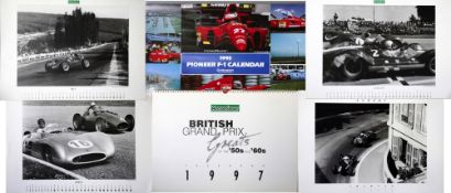 Five archive photo calendars, a Ferrari F1 calendar and various posters, the calendar themes being