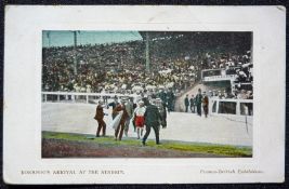 A rare colour tinted postcard portraying Dorando`s arrival at the Stadium in the marathon at the