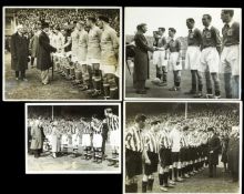 Four original b&w press photographs of football teams being introduced to royal dignitaries at F.A.