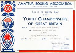 A pair of Amateur Boxing Association Youth Championships of Great Britain winner`s diplomas dated