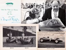 Graham Hill and Raymond Mays signed B.R.M. memorabilia, comprising a photo card of Hill driving a