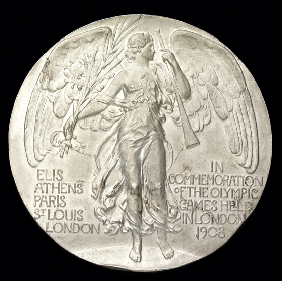 A London 1908 Olympic Games participant`s medal, in white metal, designed by Bertram Mackennal with