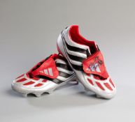 A signer pair of Fabien Barthez football boots circa 2000, silver, red & black Adidas X-Trax-Ion