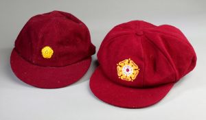 Two Northamptonshire county cricket caps, maroon with gold rose emblem, the first awarded to Dennis