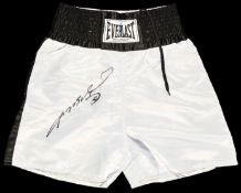 Boxing trunks signed by Sugar Ray Leonard, white & black by Everlast, signed in black marker pen