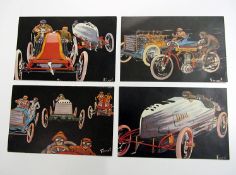 Four `Courses Automobiles` colour postcards after Feznel, French, copyright Editions Sid-Paris,