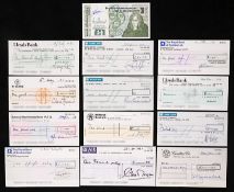 A collection of £1 cheques signed by the British sports personalities Pat Smythe, Willie Carson,