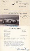 Raymond Mays-signed racing and personal memorabilia, comprising a photo card of Mays driving the