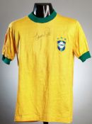 A yellow Brazil No.10 jersey circa 1971 signed by Pele and Rivelino, authentic Athleta manufactured