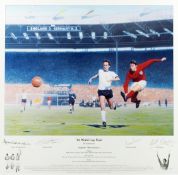 An autographed 1966 World Cup final print, with artwork after Keith Fearon, numbered 397/495,