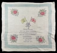 A boxing silk commemorating the Pedlar Palmer v Billy Plimmer World Championship fight in 1898, the