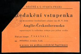 A press ticket for the Czechoslovakia v England international match played in Prague 16th May 1934,
