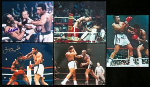 Five colour fight action photographs of Muhammad Ali all signed by his opponents, comprising Leon
