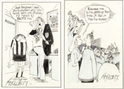 Two original Roy Ullyett artworks for football cartoons published in the Daily Express newspaper in