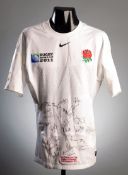 A team-signed Tom Palmer white England No.5 2011 Rugby World Cup shirt, 25 signatures in black