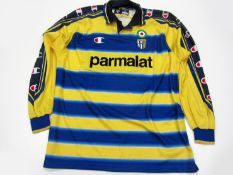 Lilian Thuram: a yellow & blue hooped Parma No.21 UEFA Cup jersey season 1999-2000, long-sleeved,