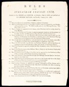 Printed Rules of the Streatham Cricket Club formed in 1806 and revised in 1807,
single sheet