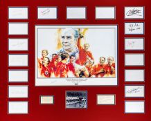 A 1966 World Cup autographed display,
with central artist drawn print signed by Bobby Charlton and