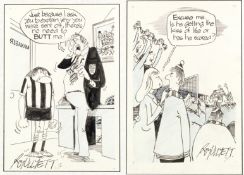 Two original Roy Ullyett artworks for football cartoons published in the Daily Express newspaper