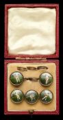 A cased set of five Edwardian gentlemen's waistcoat buttons set with coloured prints of