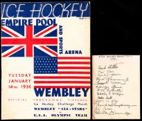 The autographs of the USA 1936 Winter Olympic Games ice hockey team,
signed by the USA coach and