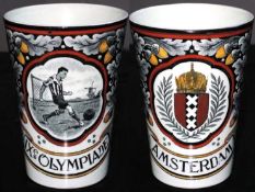 A Dutch pottery beaker commemorating the football competition at the 1928 Amsterdam Olympic Games,