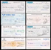 A collection of five £1 cheques signed by the cricketers Richie Benaud, David Gower, Graham Gooch,