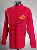 A red souvenir England 1966 World Cup Winners final shirt signed by 9 of the finalists,
signed after