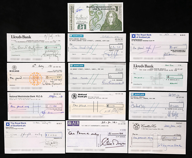 A collection of £1 cheques signed by the British sports personalities Pat Smythe, Willie Carson,