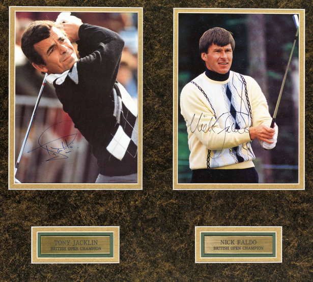 A Tony Jacklin & Nick Faldo double-signed photographic display,
two signed 10 by 8in. colour