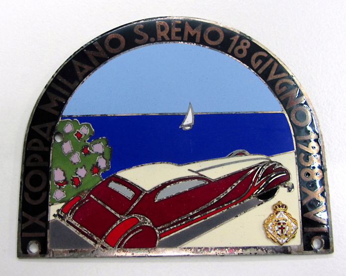 1938 Milano-San Remo competitors plaque,
in silvered metal with coloured enamels, dated 18 June