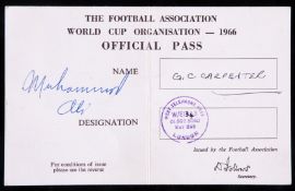 A Muhammad Ali autographed 1966 World Cup official pass,
signed in biro, the pass issued to G.C.