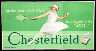 An original 'trolley sign' advertisement poster for Chesterfield Cigarettes with a tennis design
