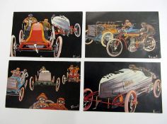 Four 'Courses Automobiles' colour postcards after Feznel,
French, copyright Editions Sid-Paris,